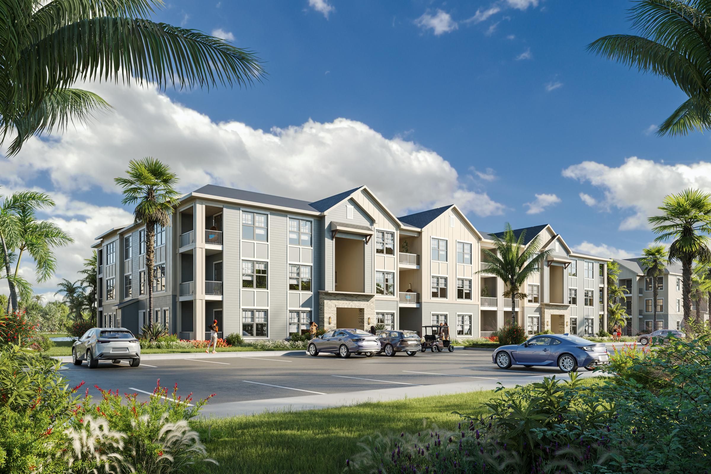 Contemporary apartments at the Village Evolve Grove Park, featuring elegant design and picturesque lake surroundings.